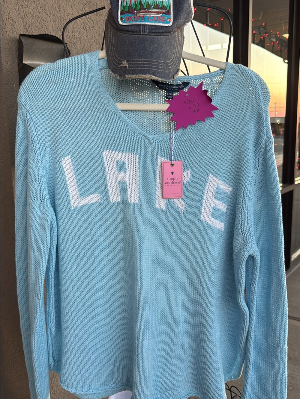 Simply Southern Women's Lake V-Neck Sweater - Light Blue with White Lettering
